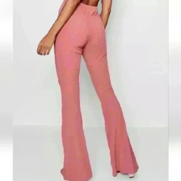 Womens boohoo Isobel Longer length rib slinkly flare pant Rose Sz 8 - Picture 2 of 10
